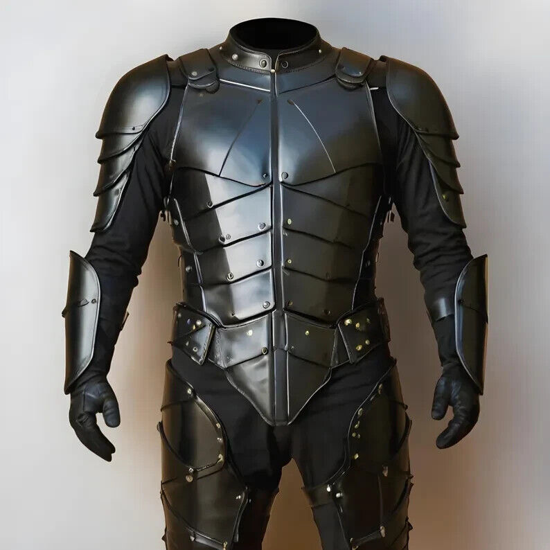 Front View of Handmade Black Leather Medieval Knight Armor – Artisans Hub