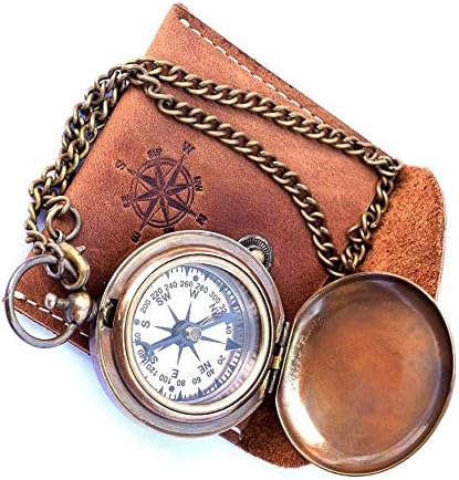 Handmade brass pocket compass with chain and leather case