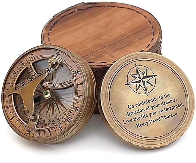 Handmade brass sundial compass engraved with Thoreau quote, vintage sun clock with leather case, perfect gift for explorers and graduates