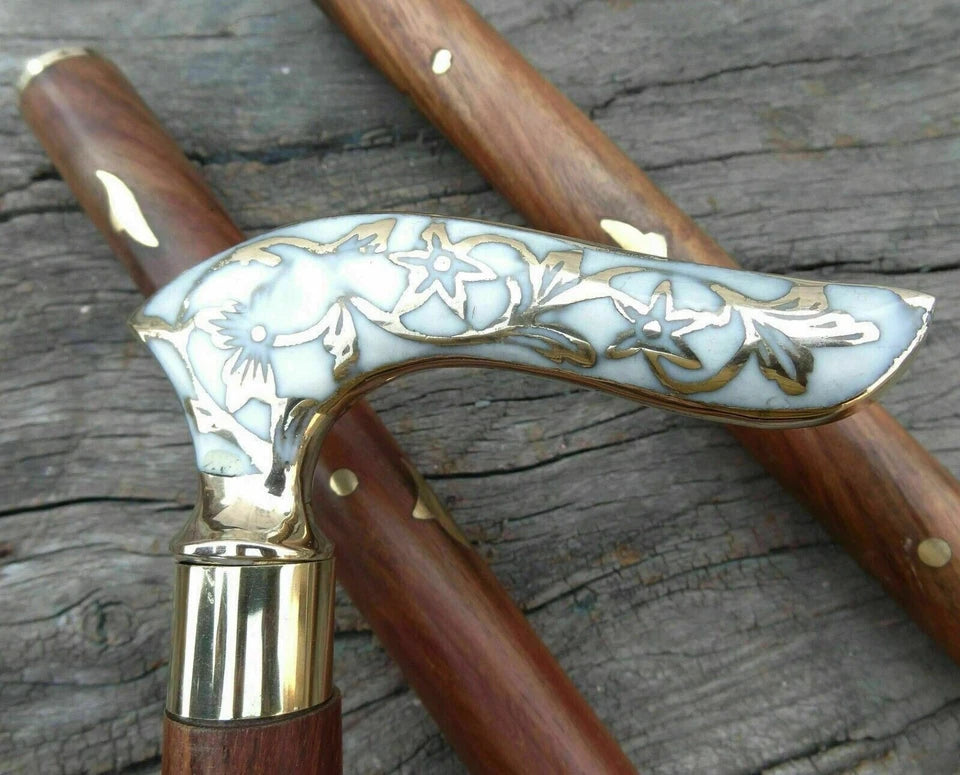Handmade carved nautical wooden walking stick cane with antique finish