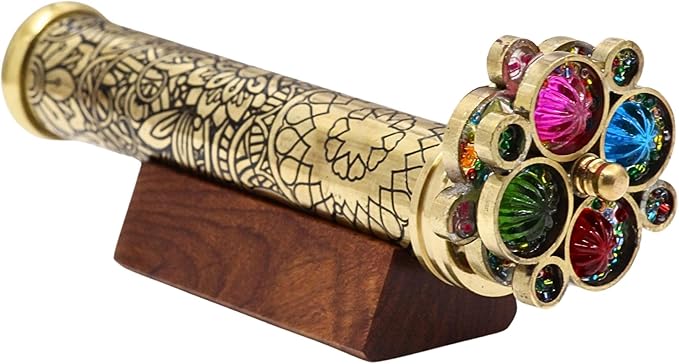 Handmade Indian brass kaleidoscope featuring a premium three-mirror optical system