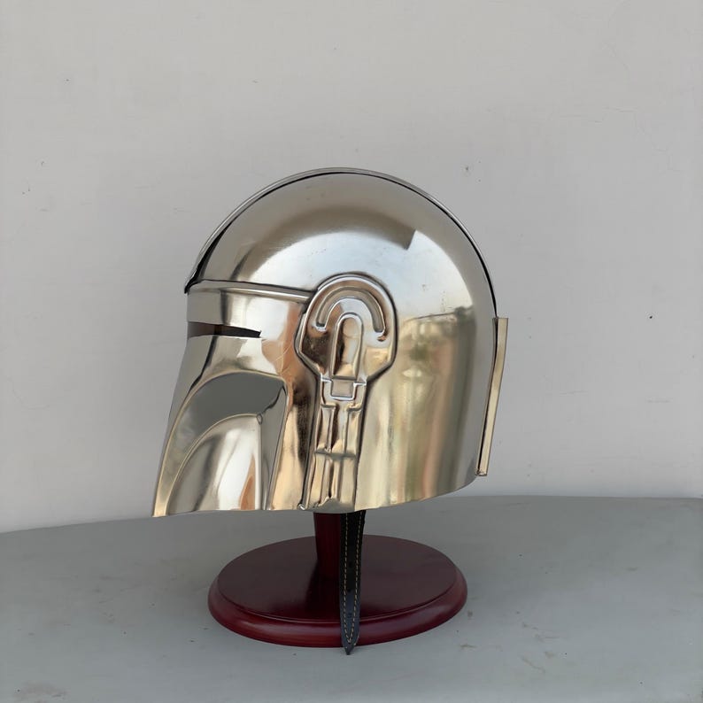Handmade Mandalorian helmet suitable for cosplay, costume events, and collectible display