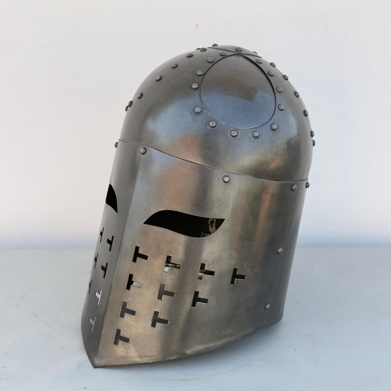 Close-up of handcrafted medieval helmet – Spangen Crusader helmet with authentic steel detailing