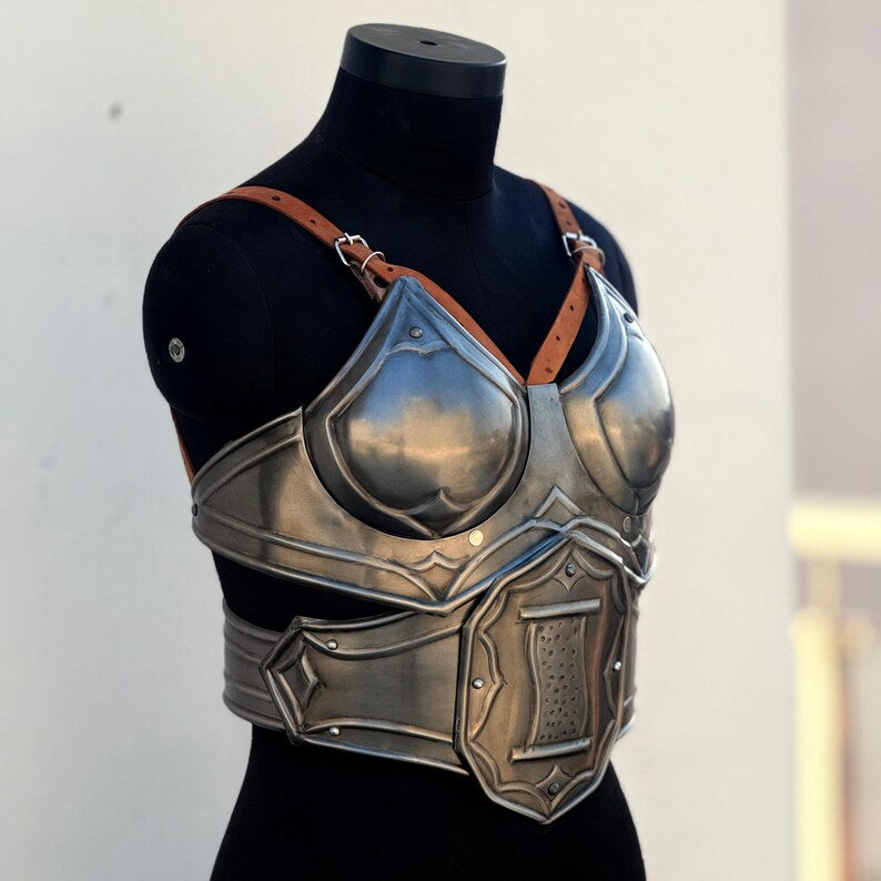 Side view of handmade medieval knight steel lady armor with adjustable leather straps