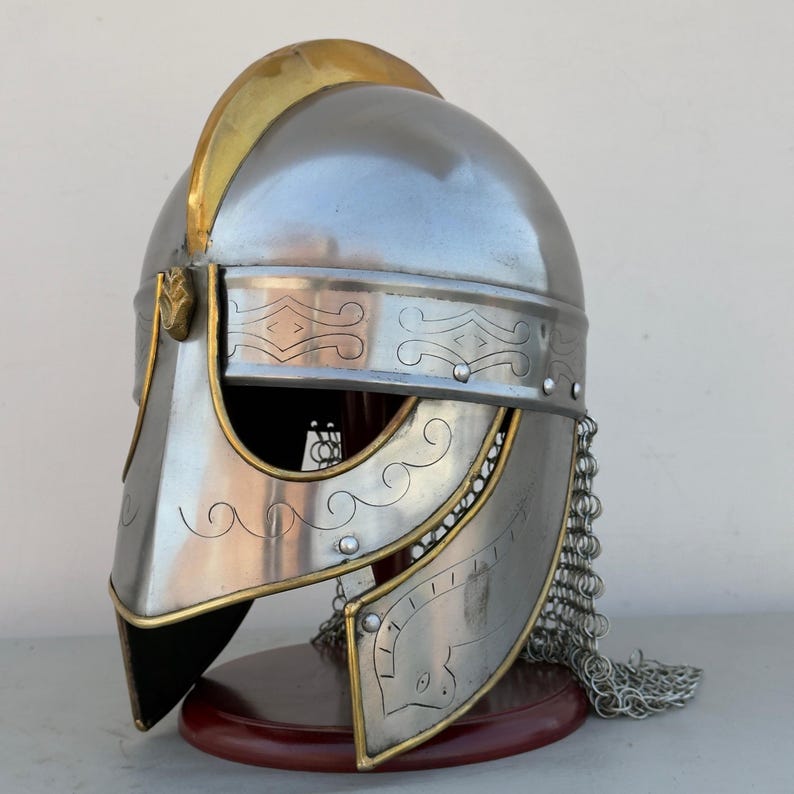Close-up of handmade Medieval Knight wolf helmet showing chainmail and detailing