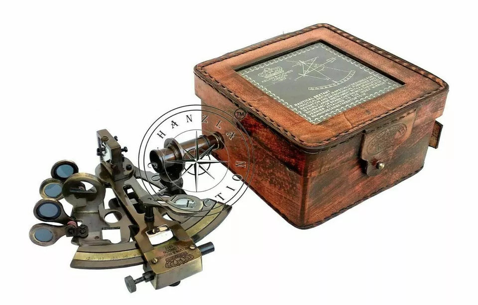 Portable nautical sextant housed in a durable handmade leather travel case