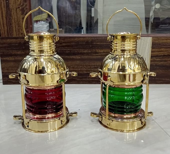 Handmade Nautical Solid Vintage Brass Lantern Set with Red and Green Fresnel Lens – Rustic Home Decor