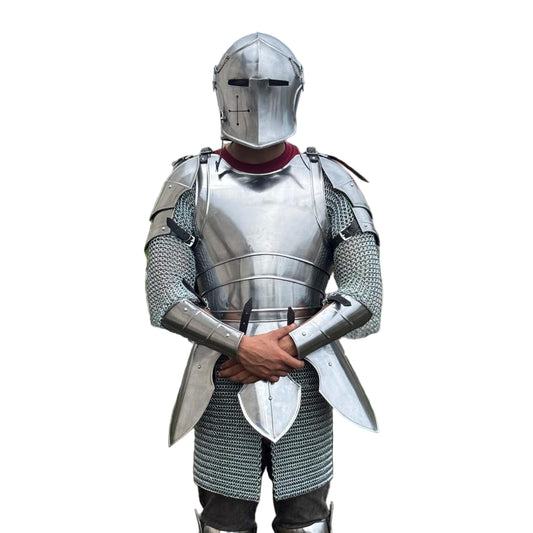 Handmade steel Barbuta knight armor front view showcasing medieval cosplay and reenactment gear