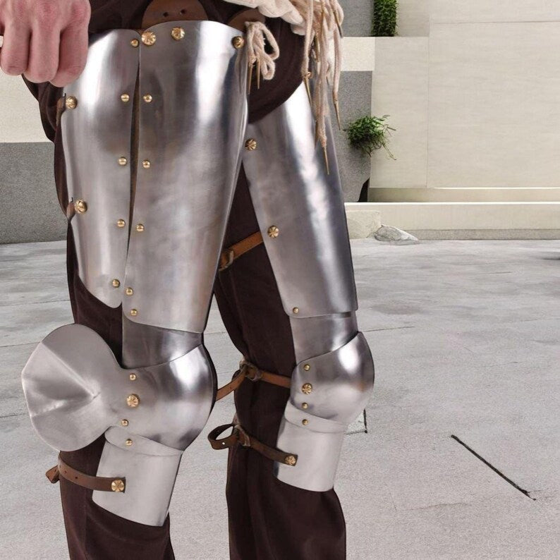 Handmade steel cuisses providing full leg protection for SCA reenactment and cosplay