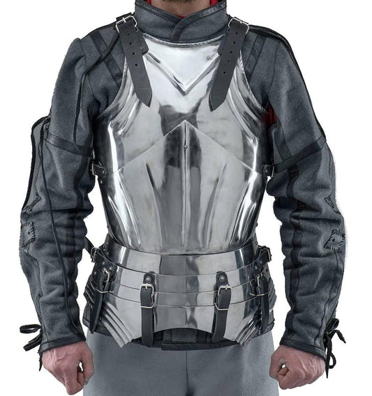 Handmade steel half armor chest plate for medieval LARP cosplay with authentic craftsmanship
