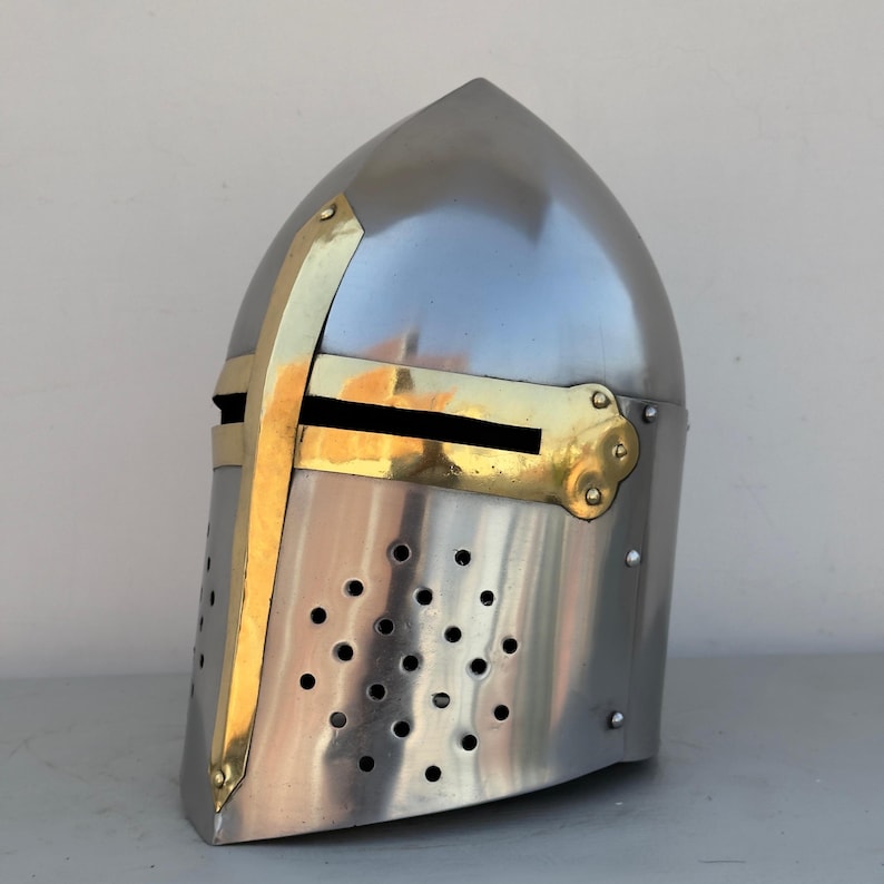Handmade Sugarloaf Helmet - 18 Gauge Steel with Intricate Templar Design for Historical Reenactments