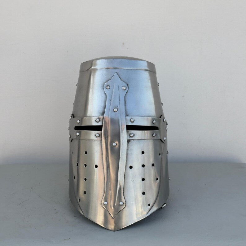 Side angle of handmade Templar crusader helmet – historical replica for reenactment