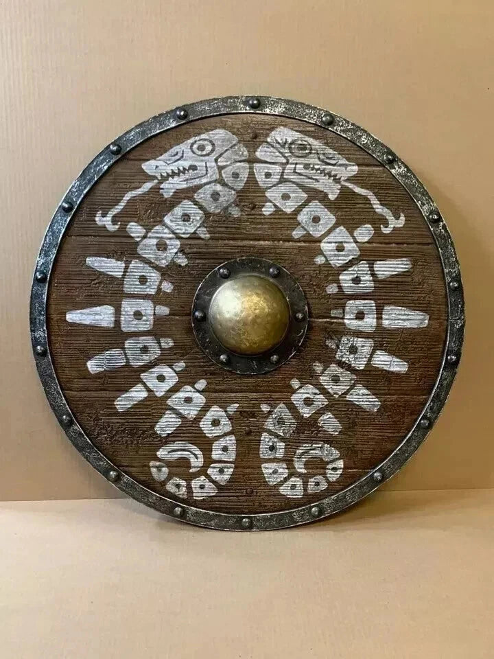 Close-up showing the wood grain and steel rim of Artisans Hub shield