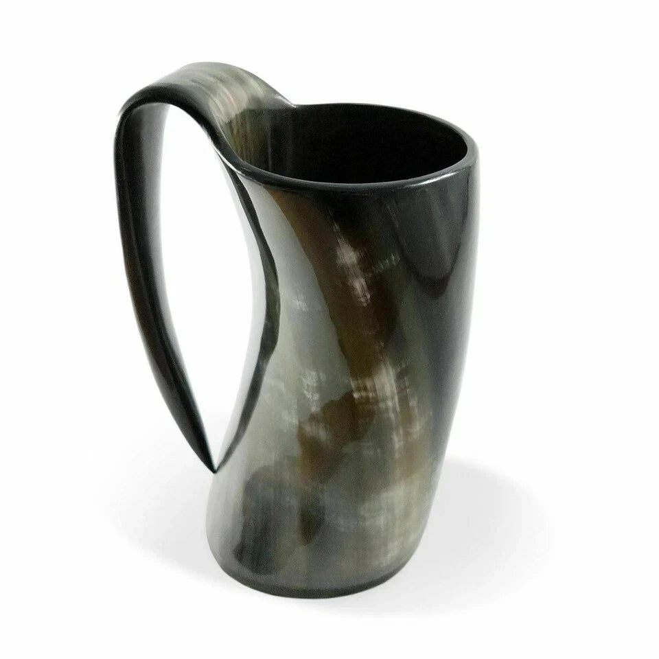 Handcrafted Viking tankard made from natural horn - side angle display