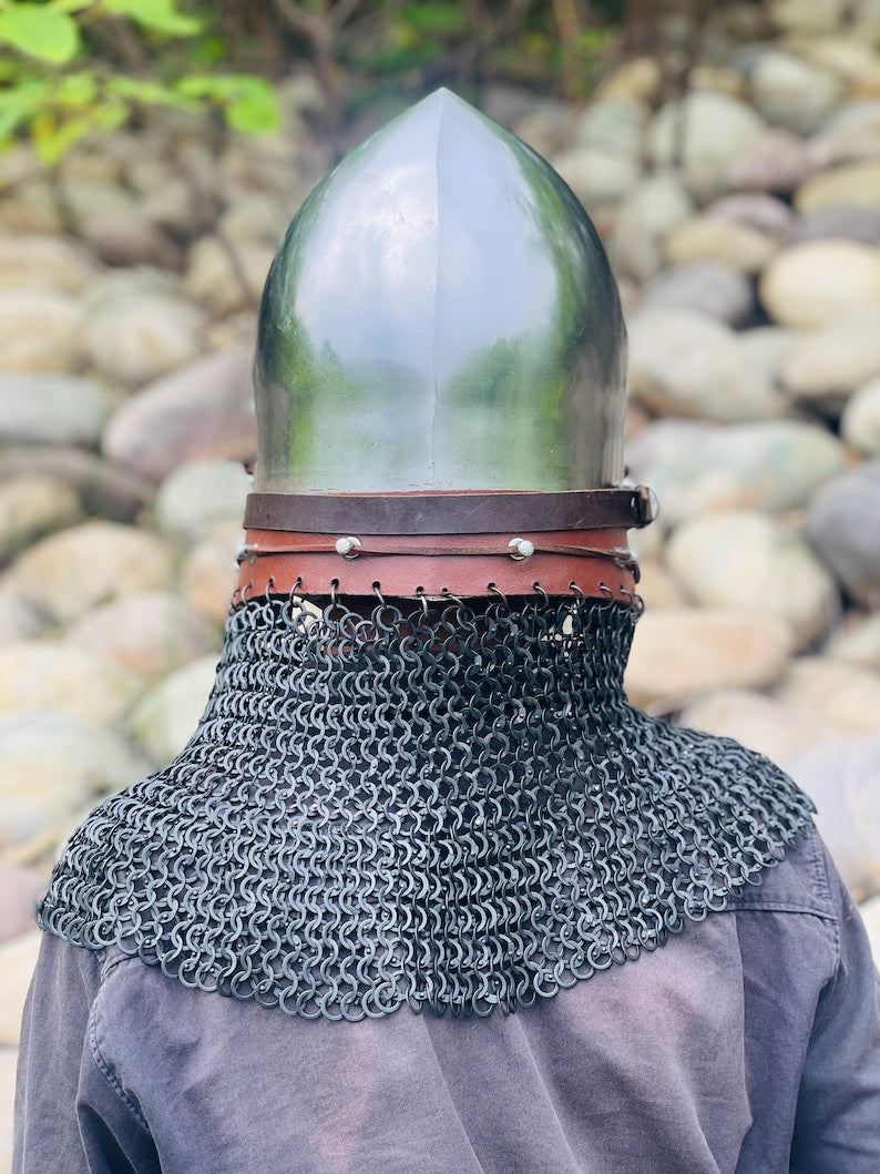Close-up of the helmet with chainmail, highlighting the detailed craftsmanship and durable steel.