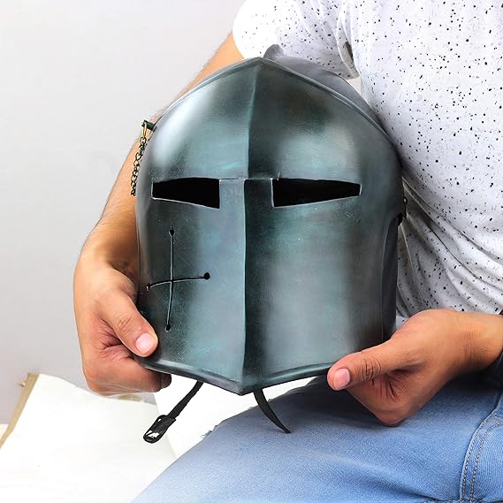 Historical Barbuta knight helmet in army green armor, ideal for display, LARP, and Halloween costumes
