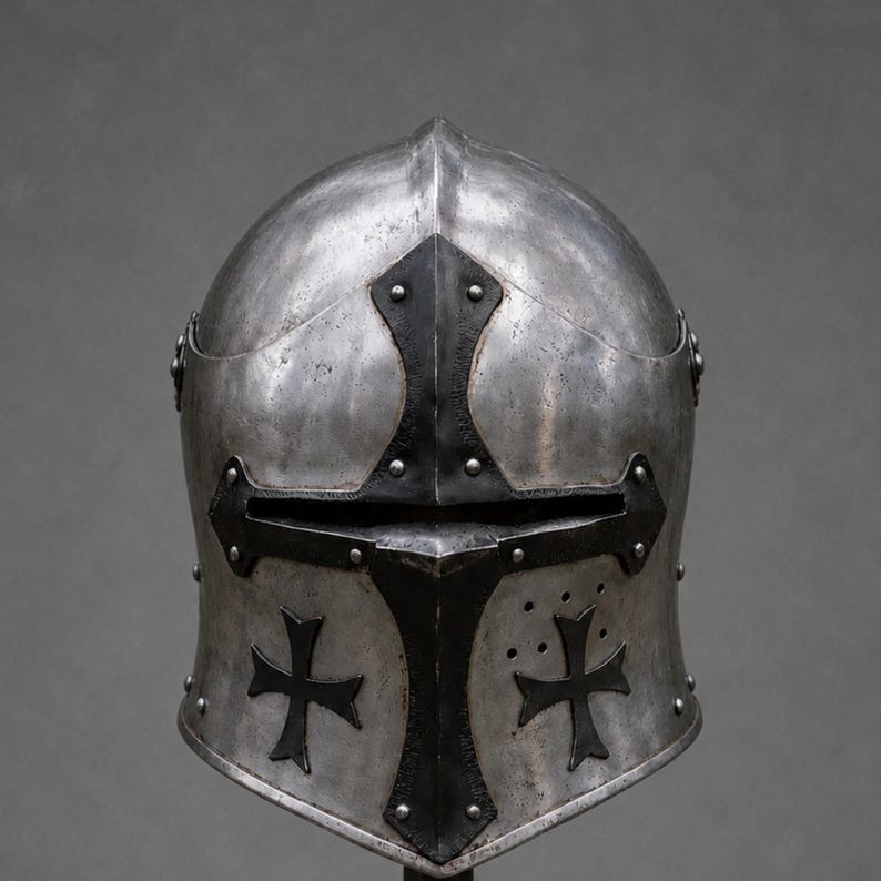Historical Reenactment Crusader Helmet wearable medieval armor headpiece ideal for Renaissance fairs, LARP events, and costume enthusiasts.
