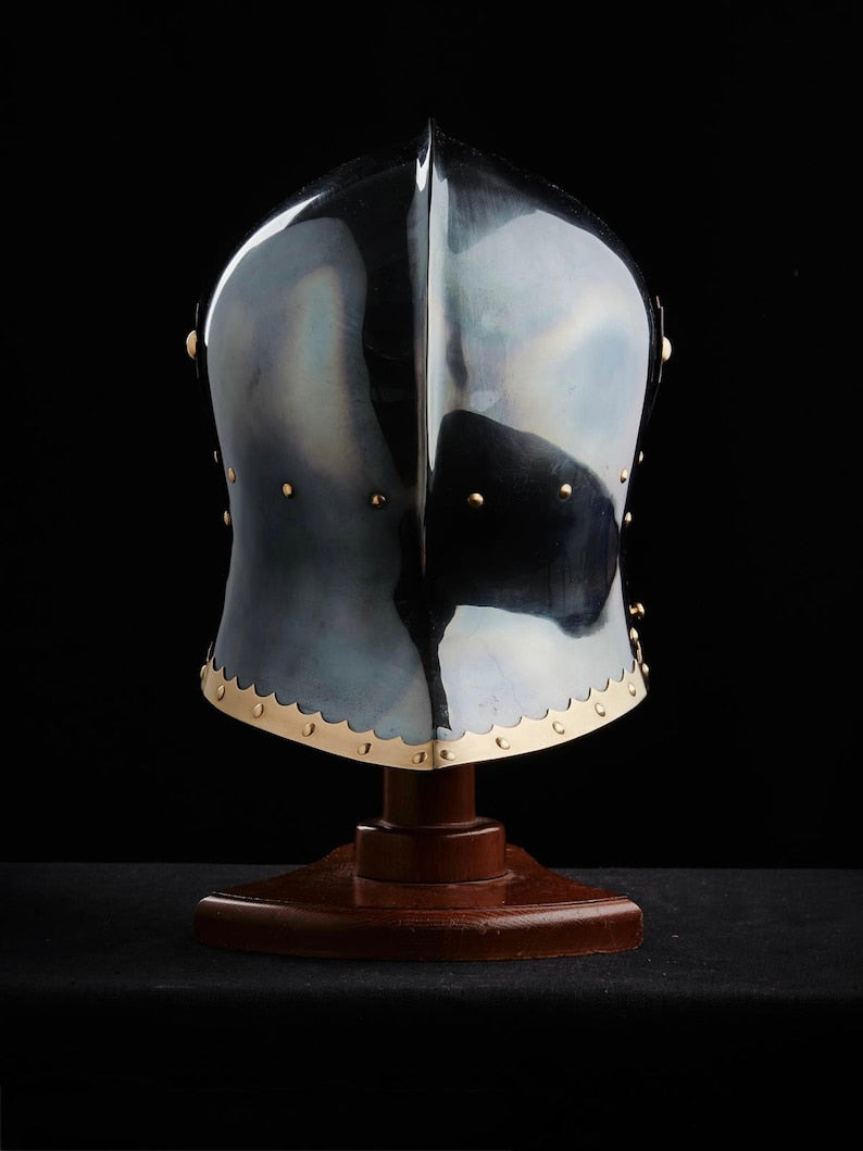 Historical steel German helmet as part of a medieval LARP costume