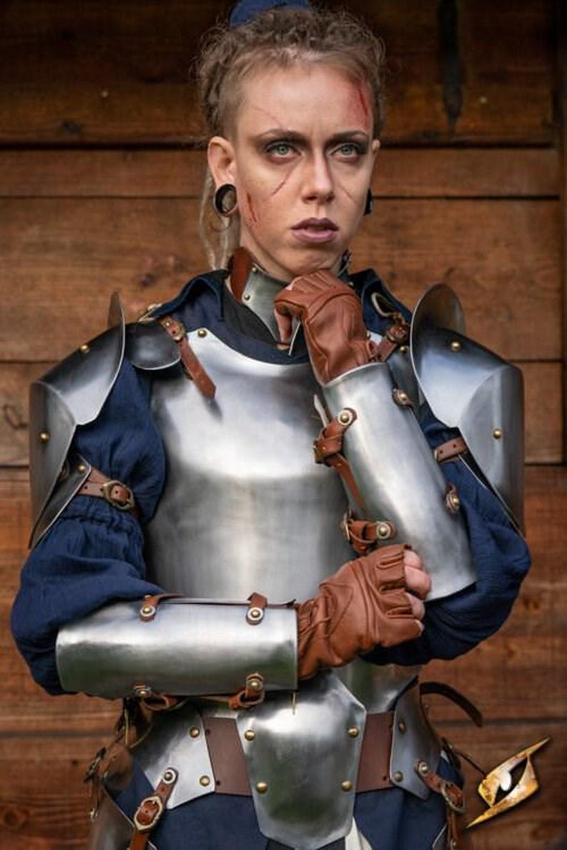 Female knight armor cosplay suit with corset and pauldrons