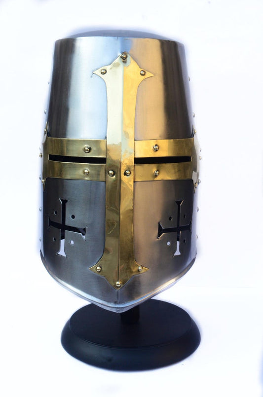Knight Templar Armor Helmet Handmade - Roleplay Helmet with Stand