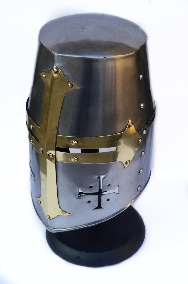 Knight Templar Armor Helmet Handmade - Roleplay Helmet with Stand