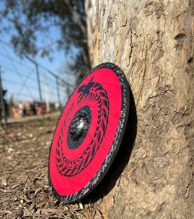 Scudo vichingo del drago Fenrir e del lupo | Autentico arredo per la casa, indossato in battaglia