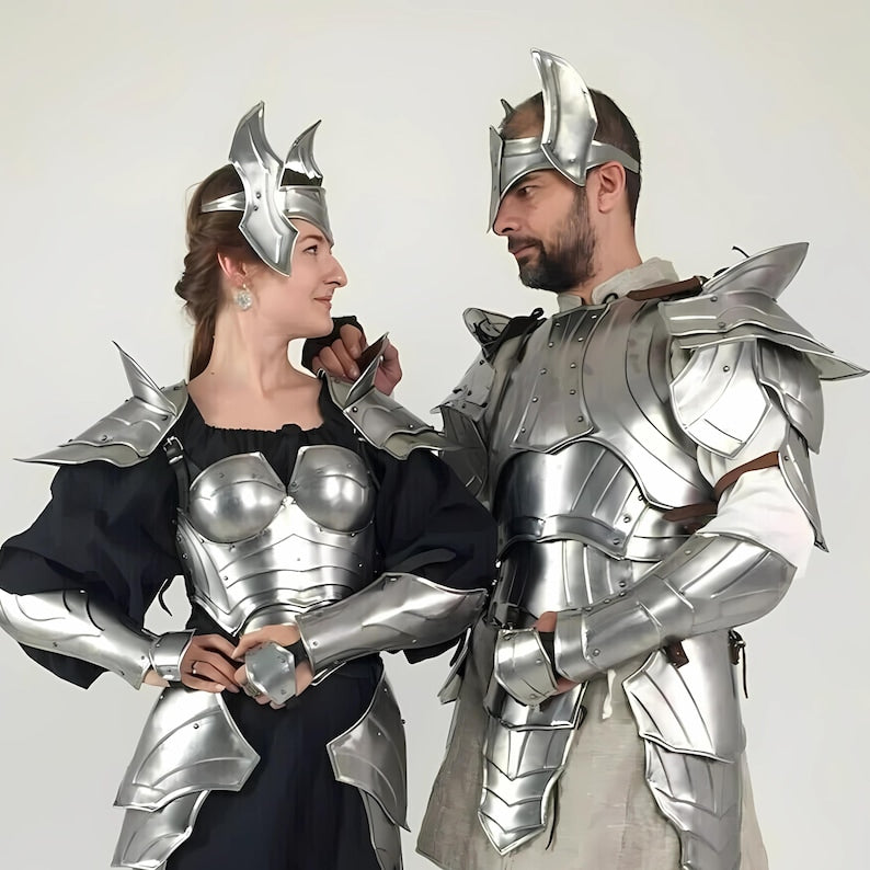 Couple cosplay costume featuring wearable medieval armor for Halloween or fantasy events