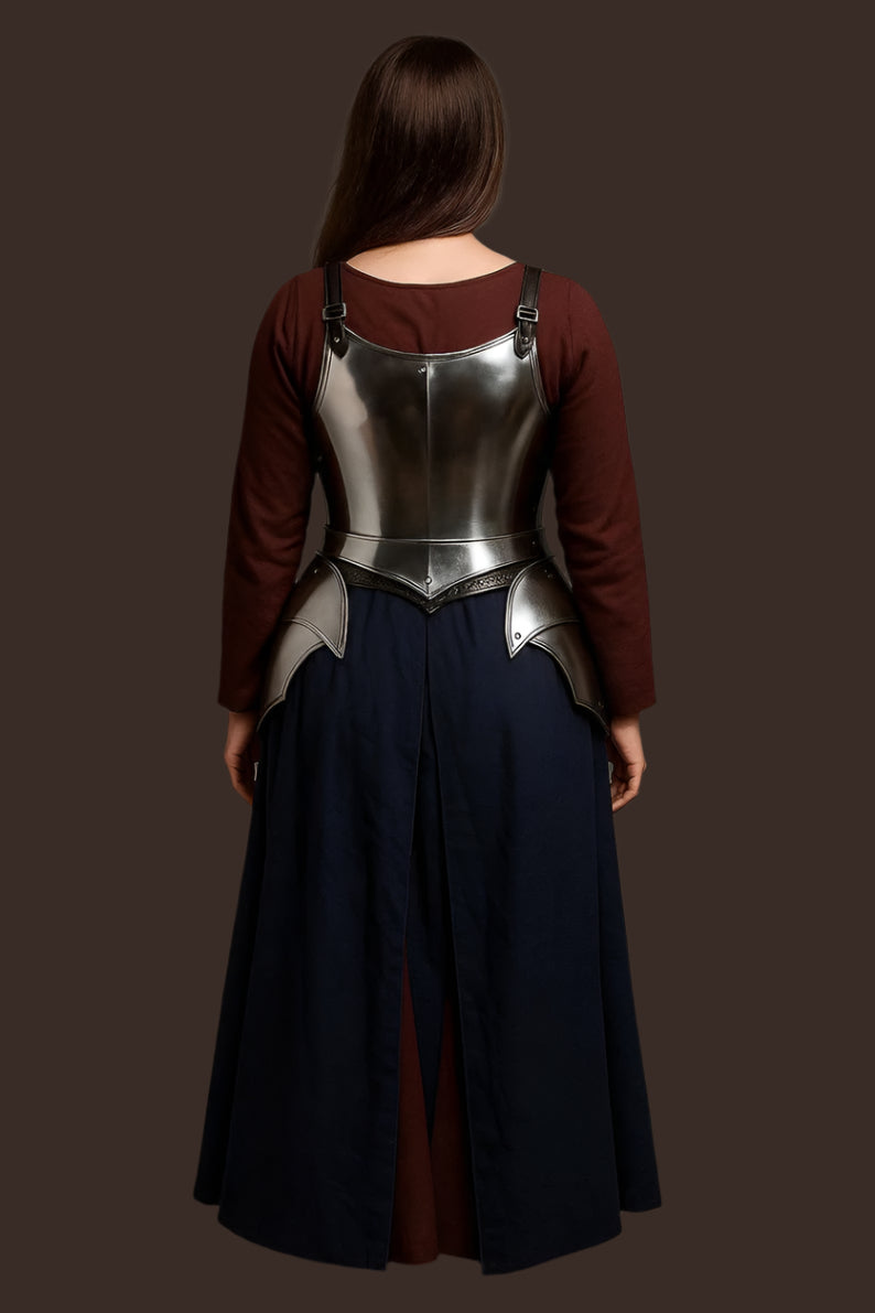 Cosplay armor for women featuring polished steel tassets and corset armor in fantasy style