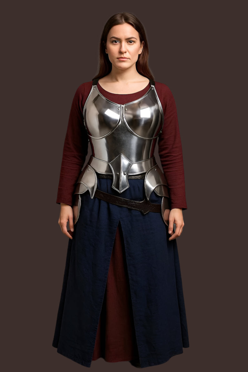 Medieval lady armor showing sculpted steel corset and adjustable leather straps