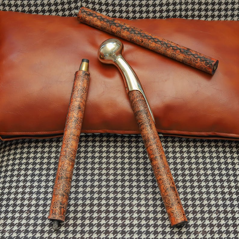 Hand-Carved Wooden Walking Cane with Brass Handle – Decorative Antique-Style Walking Stick for Men, Handmade Gift