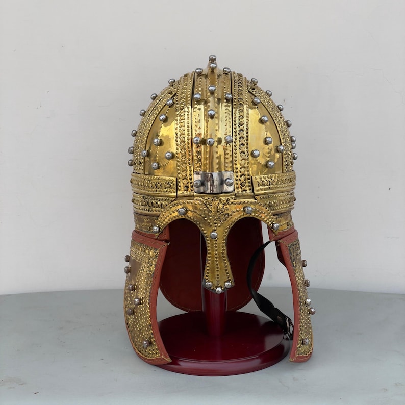 Side profile of brass Roman Deurne cavalry helmet, perfect for cosplay and historical reenactments.