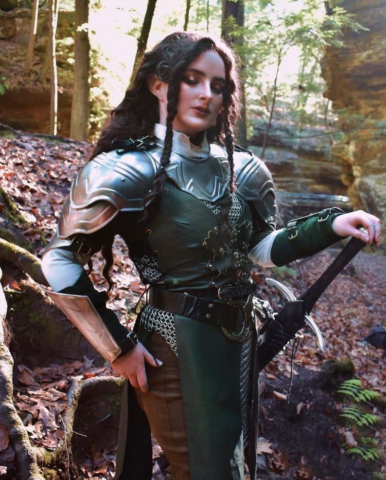 Complete Iron Rose lady knight armor set styled for fantasy cosplay, LARP, or theatrical performance, blending elegance and power.