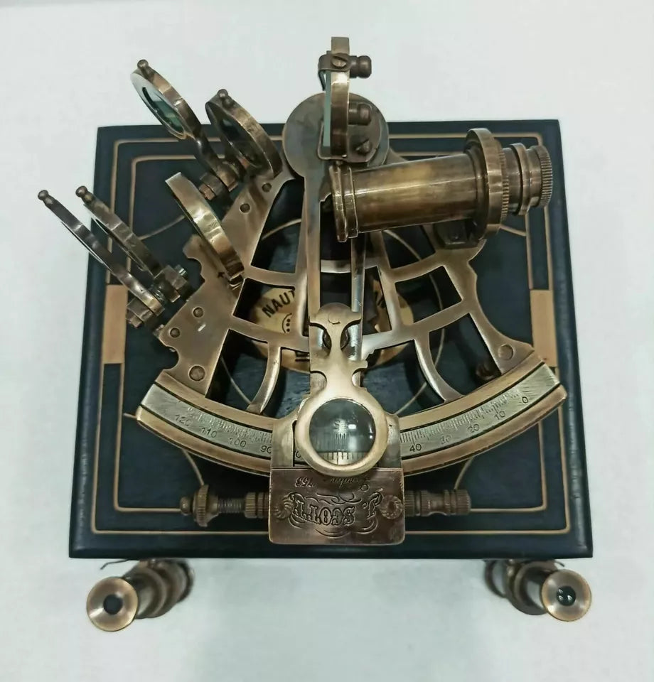 J.SCOTT antique brass nautical sextant with engraved wooden astrolabe box
