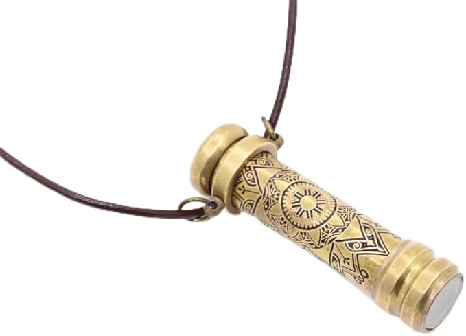 Brass kaleidoscope pendant necklace with intricate mandala design