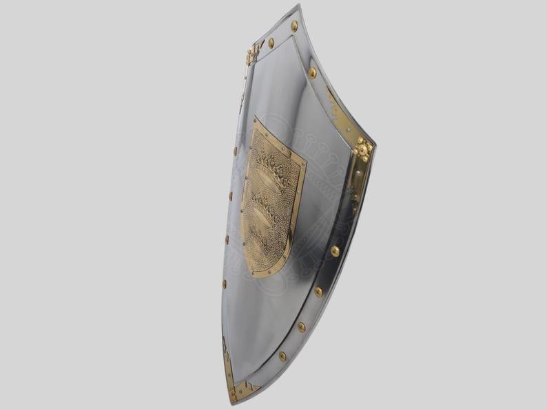 Close-up of King Arthur Templar Knight Shield with detailed crown engraving