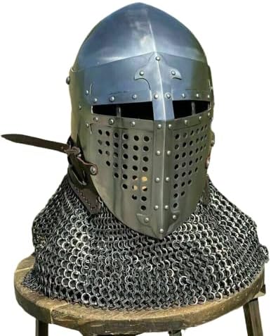 Side angle of knight's Bascinet helmet made of 18 gauge alloy steel with chainmail neck guard