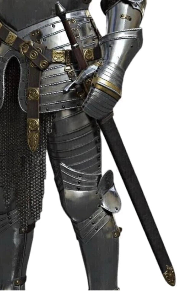 Closeup of medieval knight steel helmet with grey polished finish