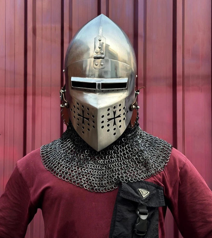Side view of wearable knight armor helmet featuring riveted chainmail