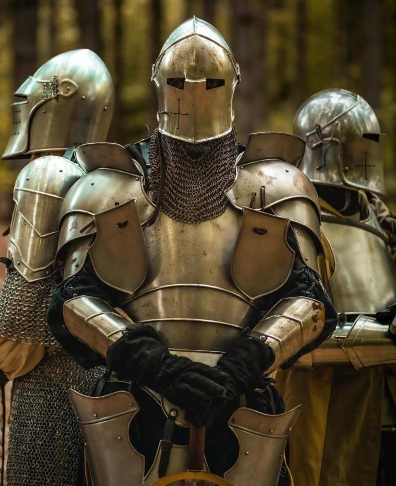 Complete battle-ready knight armor suit designed for LARP, cosplay, or medieval reenactment, fully assembled and made of 18 gauge steel.
