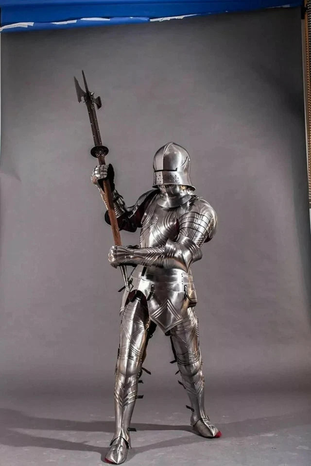 Side angle of handcrafted Crusader knight armor showing detailed side profile and leather strap fittings.