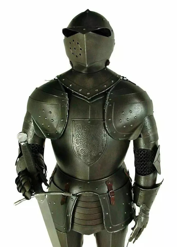 Close-up of Crusader knight helmet showing detailed handcrafted steelwork