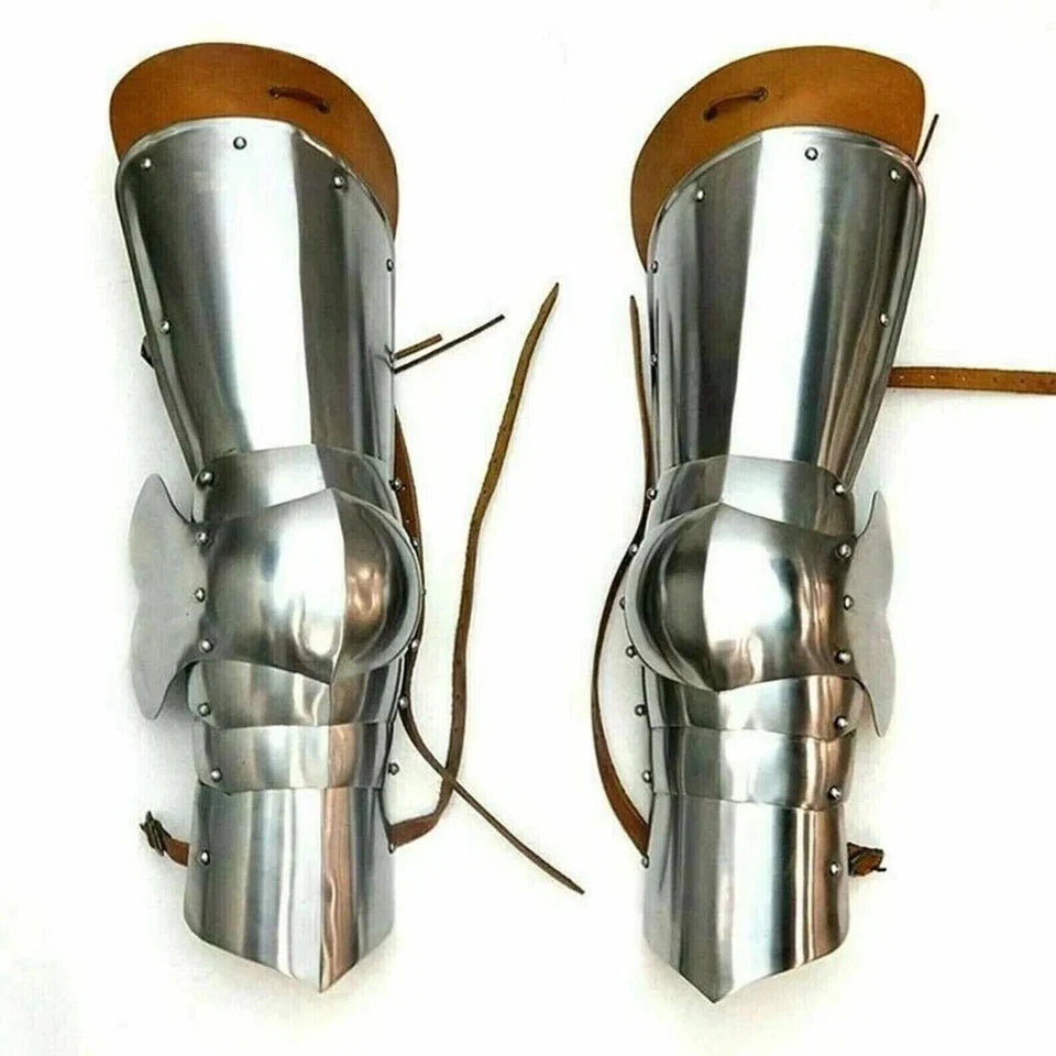 Silver polished knight leg greaves in Maximilian design for reenactment and cosplay