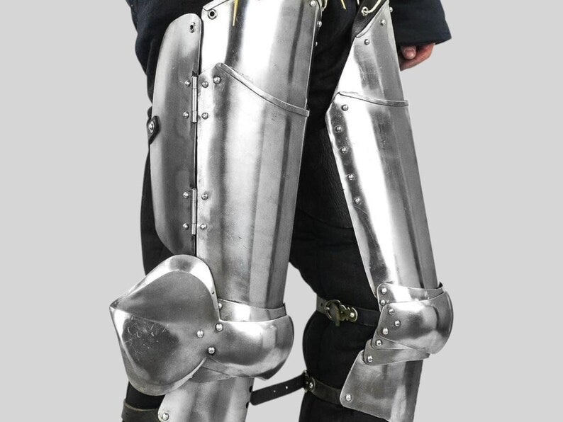 Side profile of knight leg armor set showing cuisse and poleyn articulation