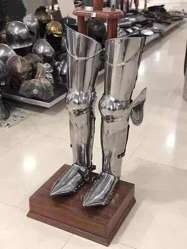 Knight leg armor made of 20-gauge steel, perfect for costume and reenactment.