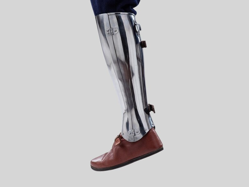 Hinged leg greaves offering authentic knight protection in 18 gauge steel