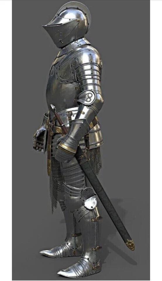 Side angle showing detailed construction of steel knight armor