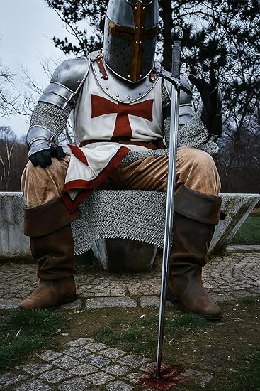Complete Medieval Knight Templar Armor Set including helmet, sword, tunic, pauldrons, greaves, and gloves