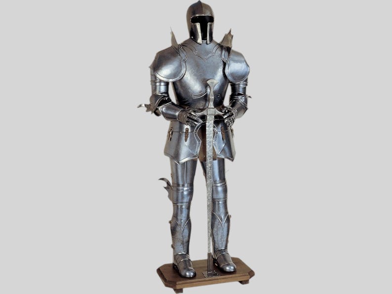 Full-size Knights Templar suit of armour with steel sword and display stand