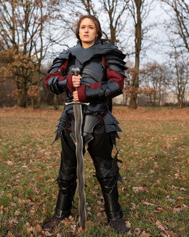 Front view of Lady Dragomir blackened steel full body female armor