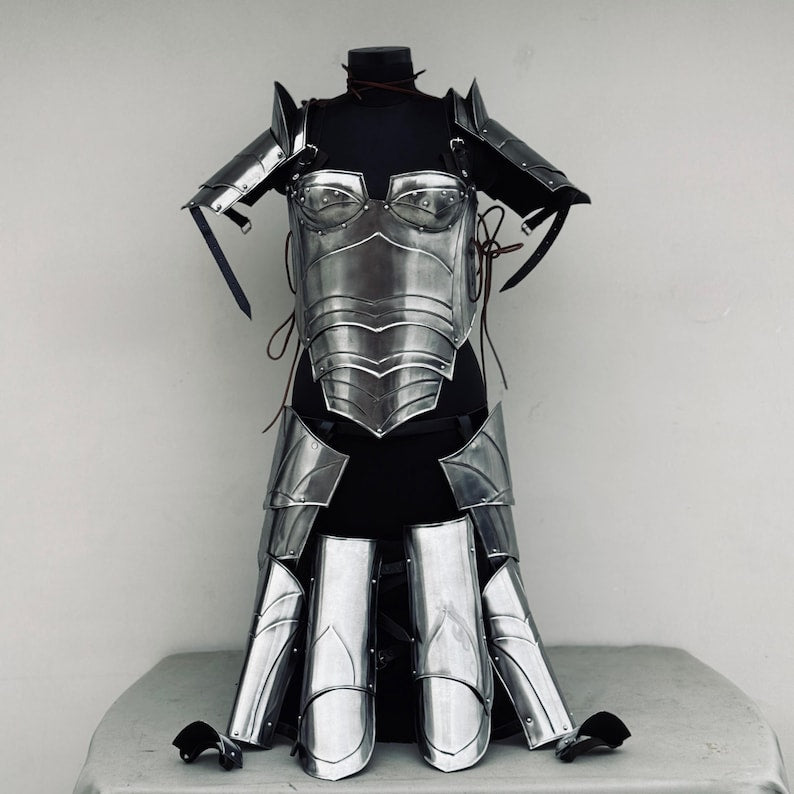 Front view of Lady Elf Warrior Steel Medieval Armor Suit showing full body female armor design